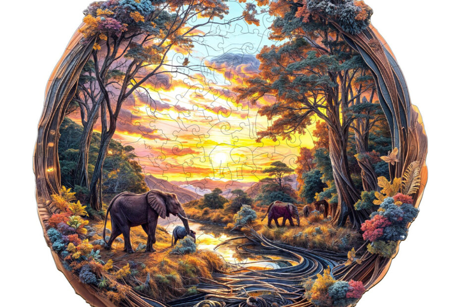 Træpuslespil-elefant ved solnedgang 66e342a3e75da