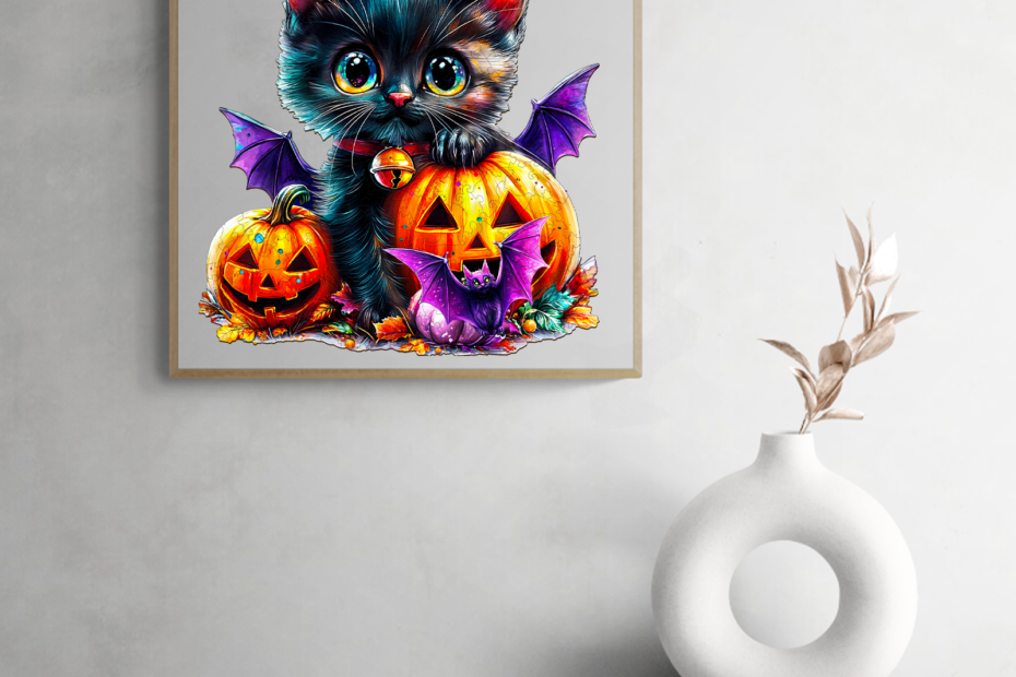 Fortryllende Halloween puslespil: Yndig sort kat med græskar og flagermus 66e576fbea23f